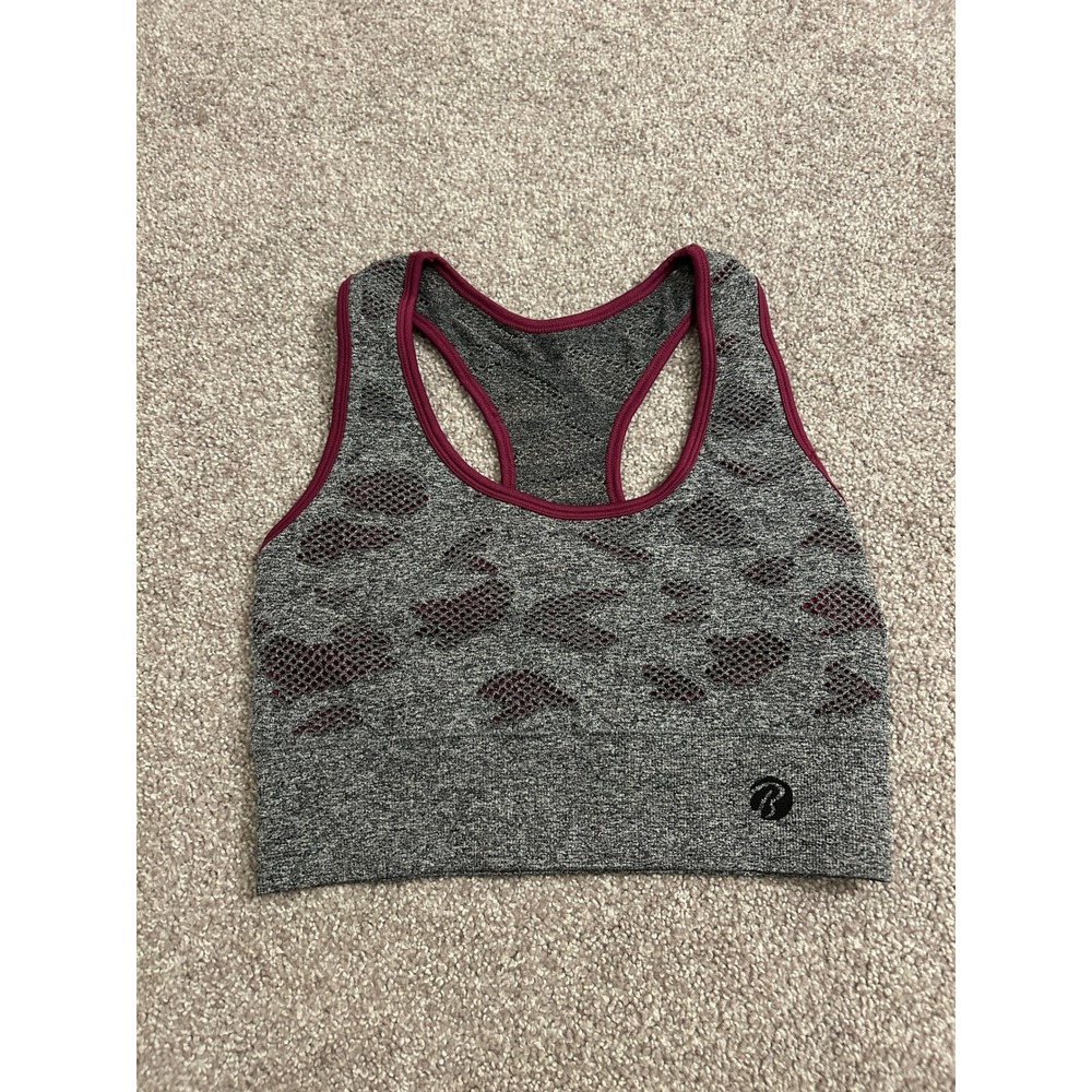 RBX Sports Bra Womens Small Grey Burgundy Camo Perforated Excellent Racerback